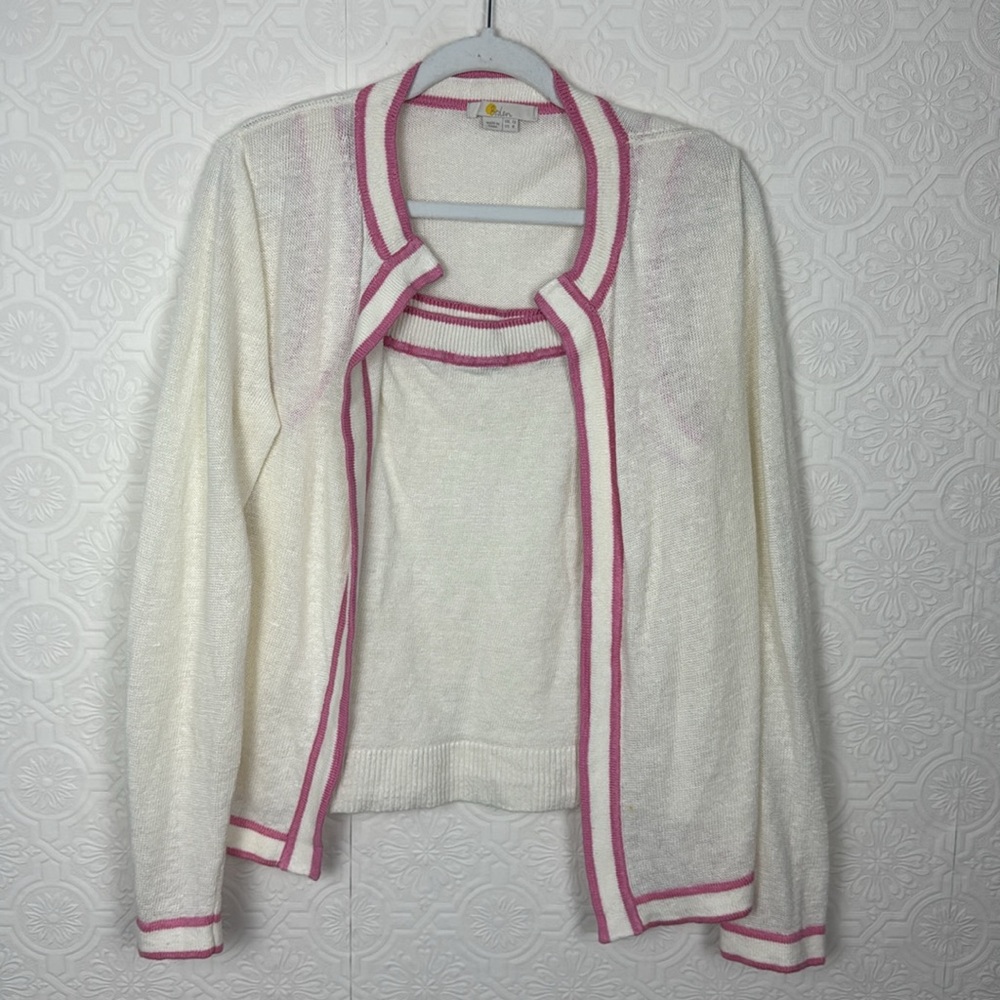 Boden 100% Linen Cardigan Set Matching Two Piece Tank Whit Pink Preppy Sweater 8